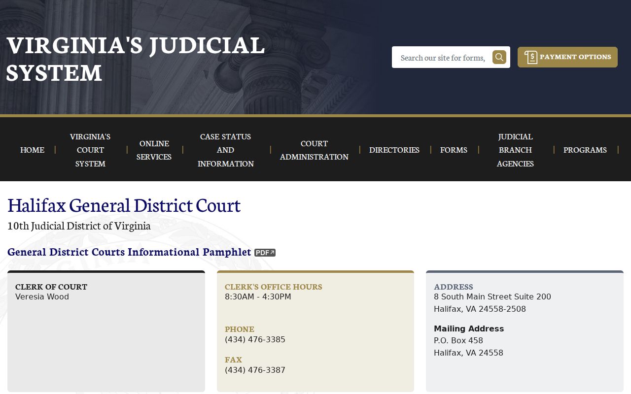 Halifax County bench warrant status and General District Court docket