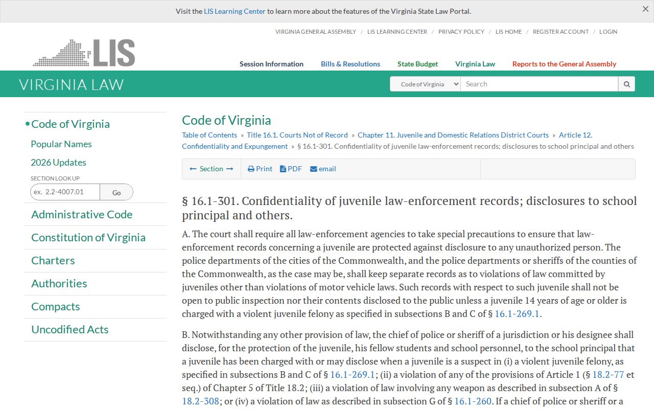 Virginia law on juvenile law-enforcement record confidentiality