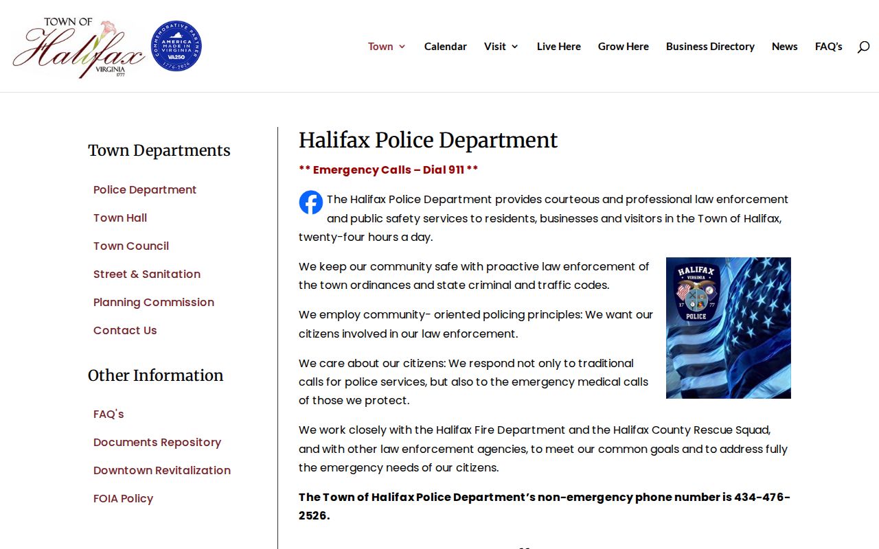 Town of Halifax Police Department contact and service page