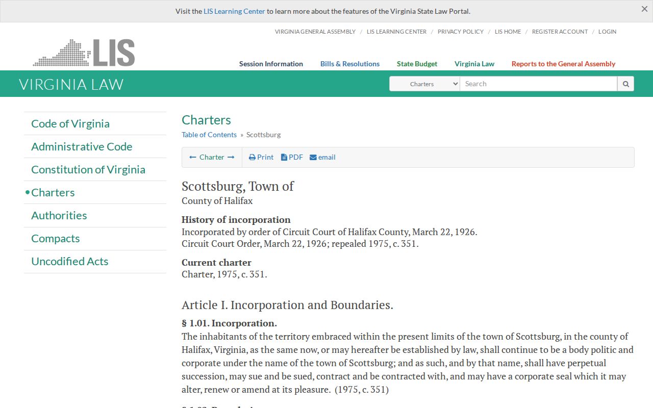 Official Virginia charter information for the Town of Scottsburg