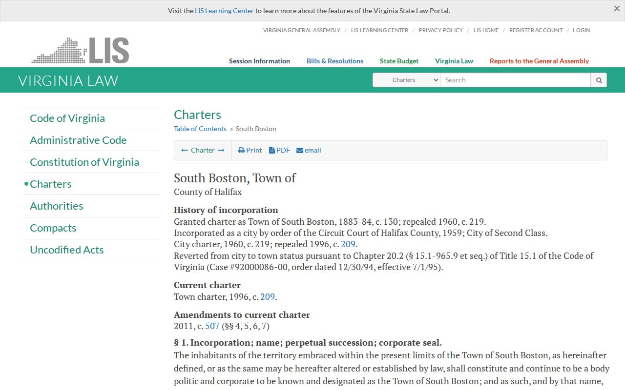 Virginia's official South Boston town charter page