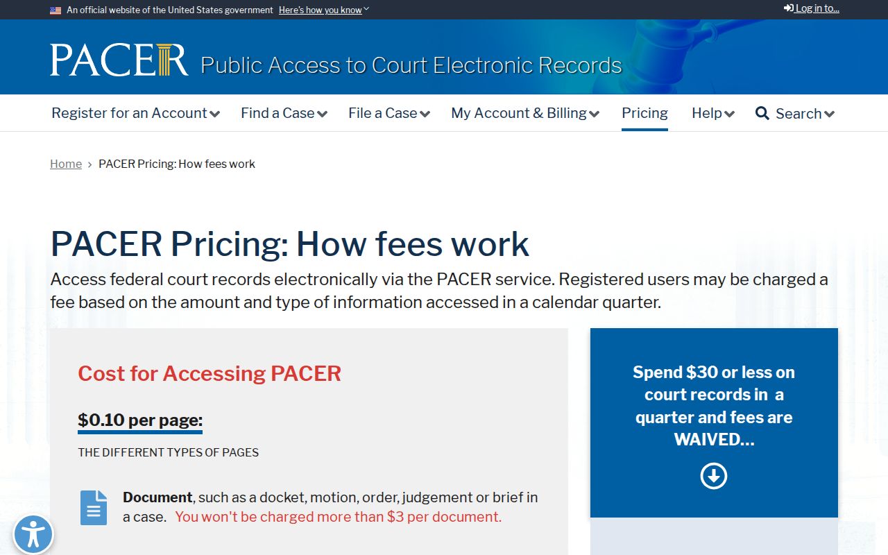 PACER official page explaining federal court search fees
