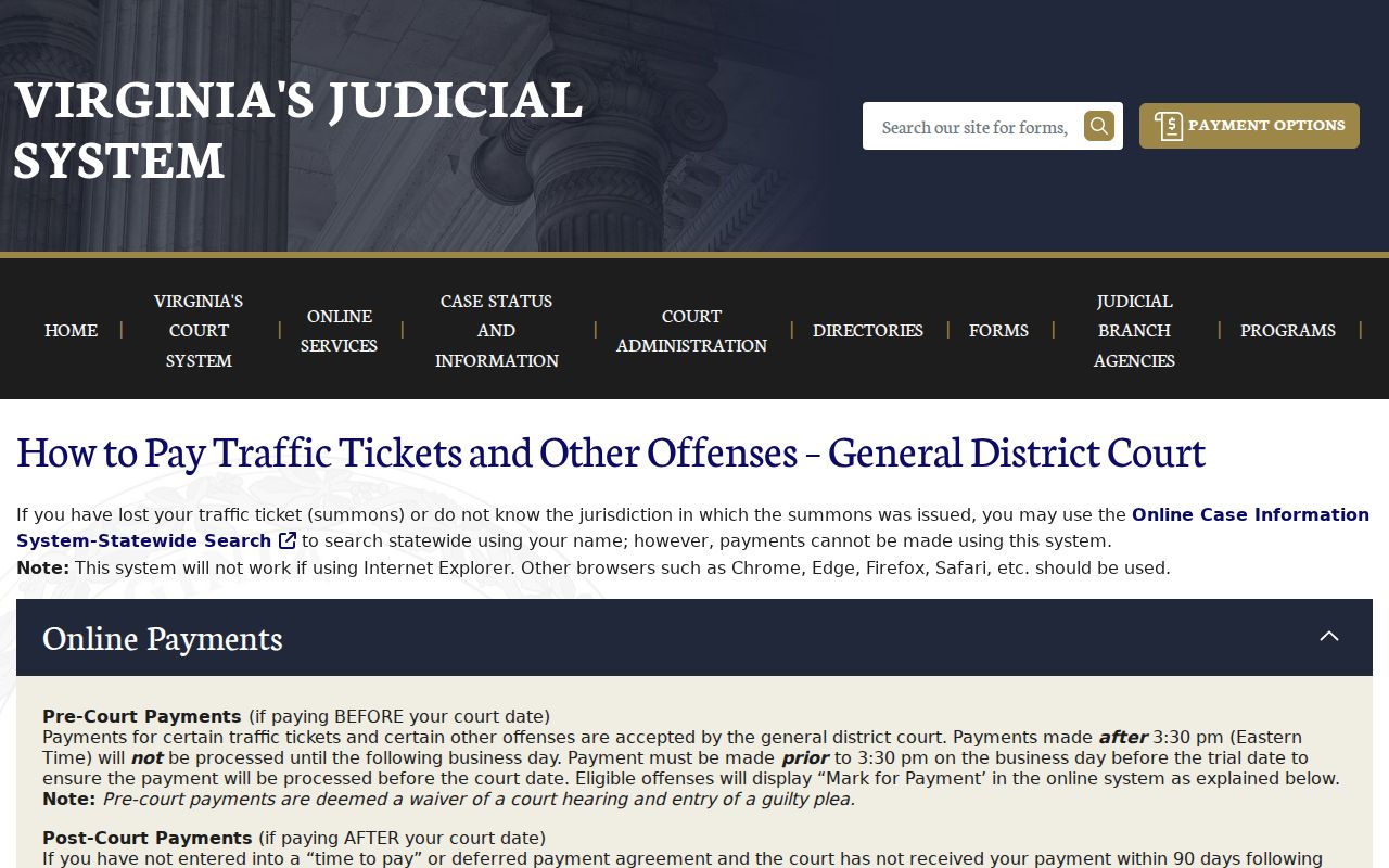 Halifax County traffic warrant lookup through Virginia General District Court payment information